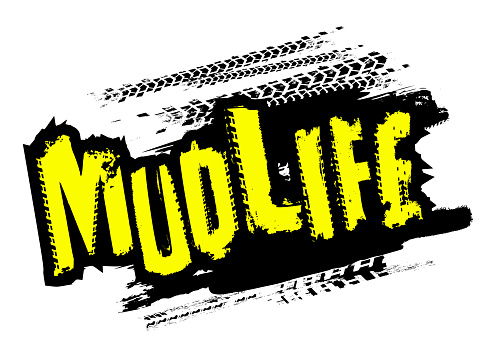 Off-Road grunge tyre lettering. Mud life sticker. Stamp tire word made from unique letters. Vector illustration useful for poster, print and leaflet design. Editable graphic element in black and yellow colour.