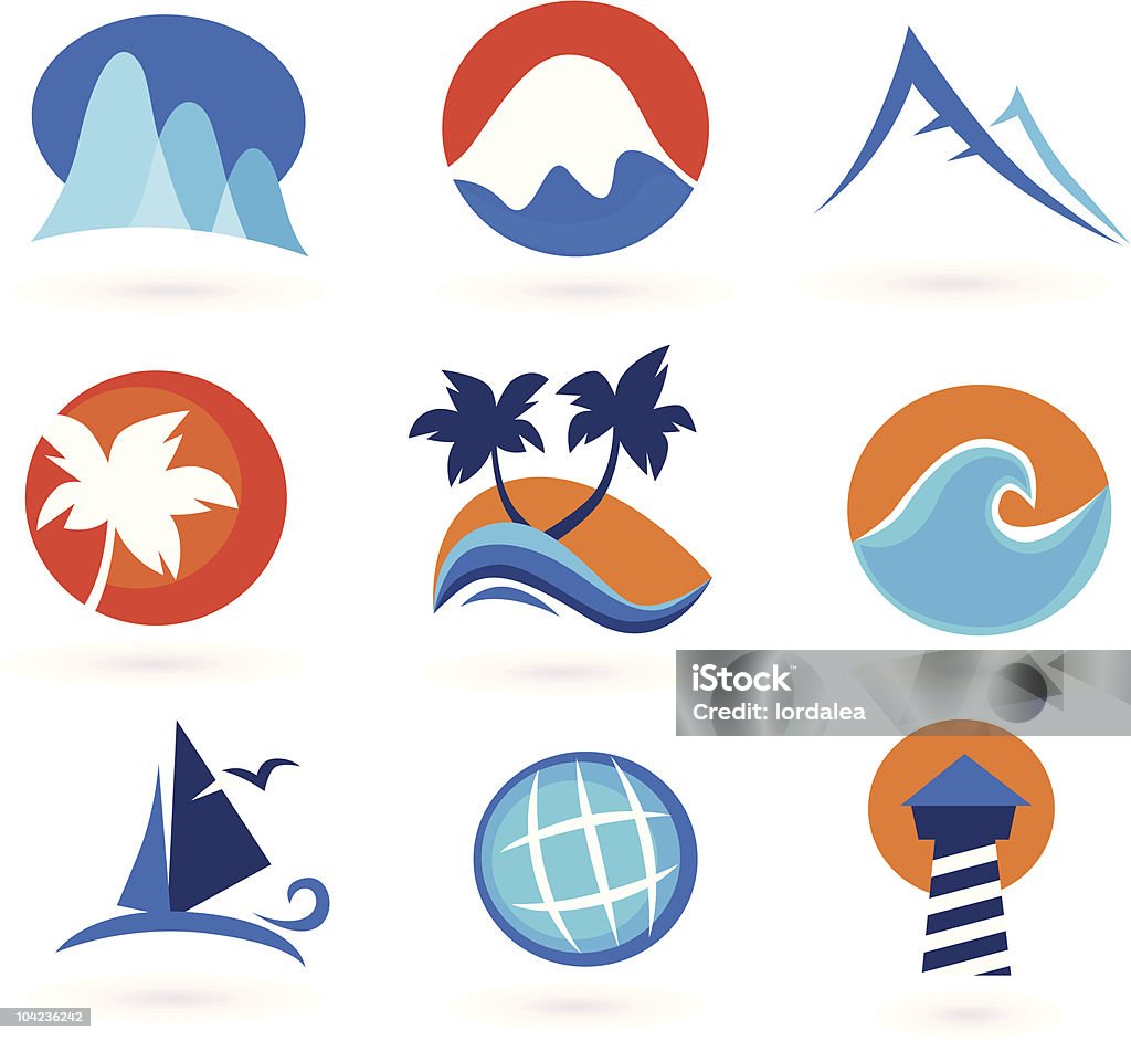 Vacances, voyages et vacances d'été icônes (rouge, orange, bleu - clipart vectoriel de Arbre libre de droits