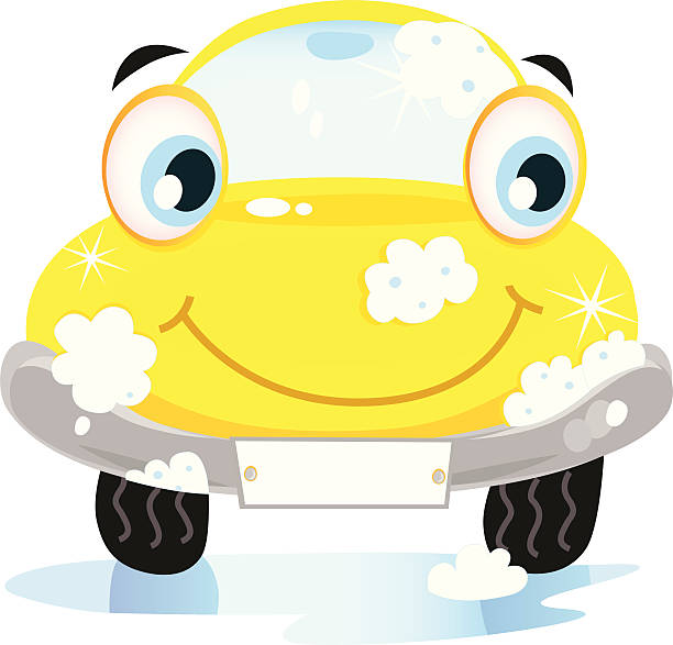 Car wash service - happy yellow automobile with soap bubbles vector art illustration