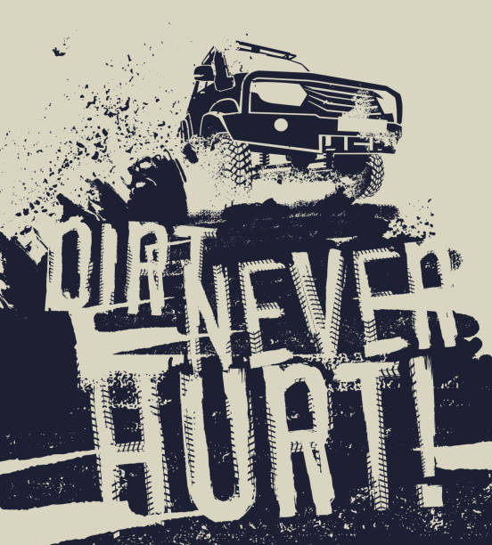 Off Road Quote Dirt never hurt. Off road quote lettering. Grunge words from unique letters. Vector illustration useful for poster, print and T-shirt design. Editable graphic element in beige and dark blue colors. off road vehicle stock illustrations