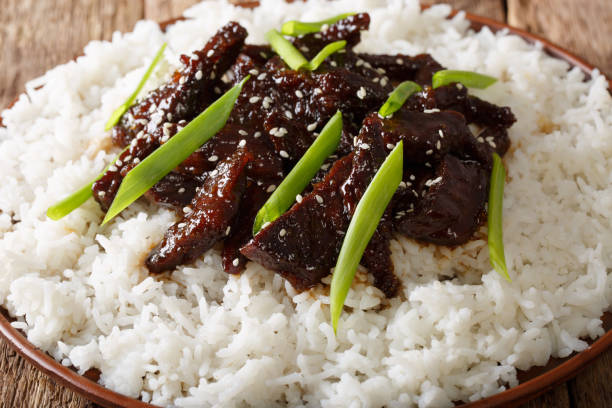 Mongolian beef with sauce and garnish of rice macro. horizontal Mongolian beef with sauce and garnish of rice macro on a plate. horizontal independent mongolia stock pictures, royalty-free photos & images