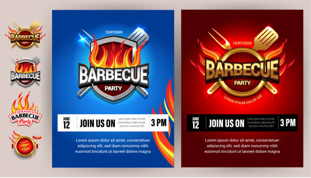 bbq 2colorful szablony plakatów, projekt strony, zaproszenie, projekt reklamy. logo grilla. - party barbecue grill dinner barbecue stock illustrations