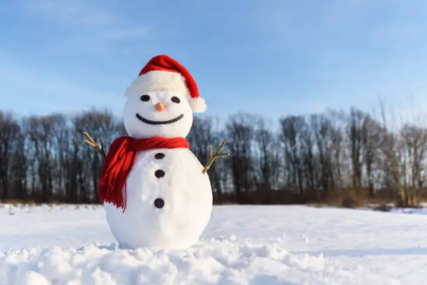 Funny snowman in Santa hat and red scalf on snowy field. Merry Christmass and happy New Year!