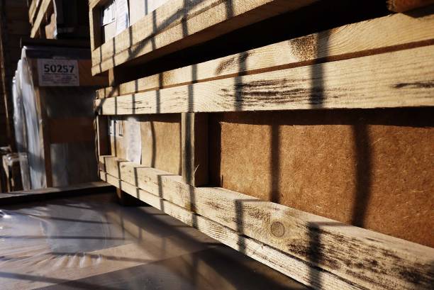 istock Warehouse area with Packed products in wooden boxes. 1042376876