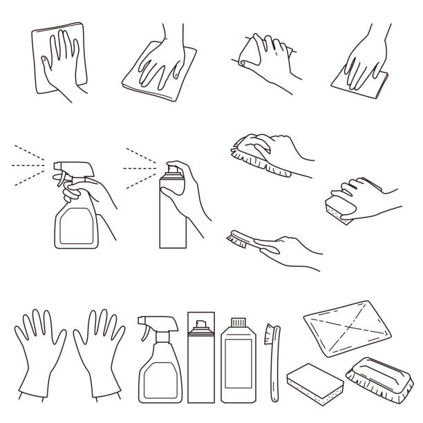 illustrations, cliparts, dessins animés et icônes de 04 des gestes de la main, de nettoyer et de fournitures de nettoyage - brosser illustrations