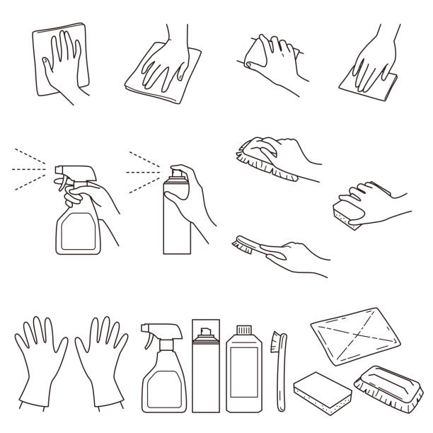 hand gestures 04, clean up and cleaning supplies hand gestures, clean up and cleaning supplies, vector file set spray bottle stock illustrations