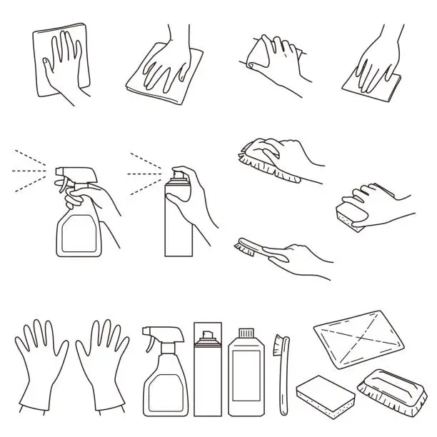 Vector illustration of hand gestures 04, clean up and cleaning supplies