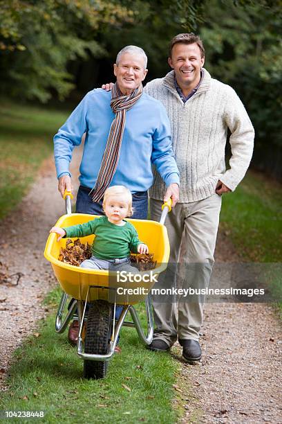 Abuelo Y Padre Tomar Nieto Para Caminar Foto de stock y más banco de imágenes de Abuelo - Abuelo, Carretilla, Hijo