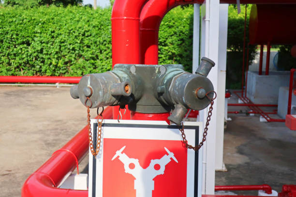 стальные трубы и клапаны для борьбы с огнем на заводе. - oxygen tank cylinder natural gas storage compartment стоковые фото и изображения
