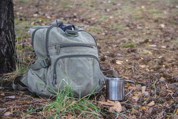 A backpack, a mug, a flashlight  are lying on the grass in the forest. Tourist equipment. Walk in the forest and traveling.