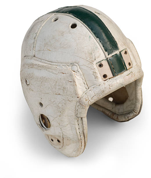 istock Old leather style football helmet on a white background 104239971
