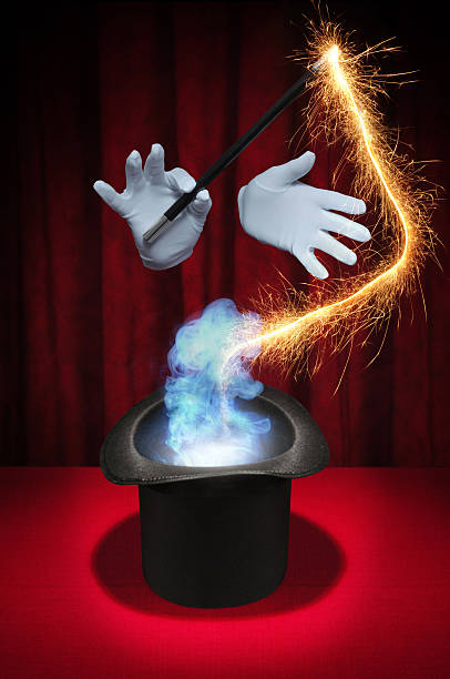 Hocus Pocus digital illustration White gloved hands holding a magic wand above a magician's top hat producing sparks and smoke on a red background magic show stock pictures, royalty-free photos & images