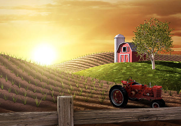 Semi truck moving towards a local grain elevator along large silos on farm field