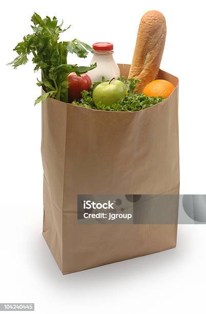 Foto de Bolsa De Mercearia e mais fotos de stock de Comida - Comida, Fundo Branco, Saco de Papel