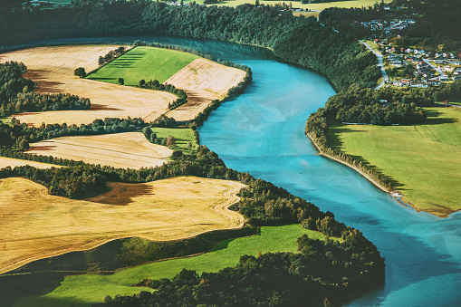 Fields and river aerial view rural Landscape nature ecology concept