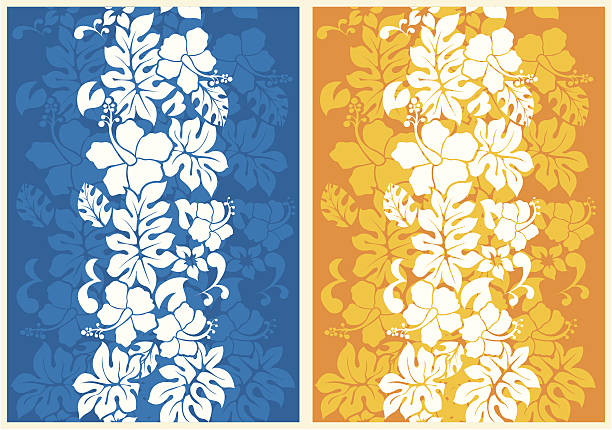 A floral seamless background, one blue the other gold Hawaiian Floral Seamless Background with Hibiscus hawaiian culture stock illustrations