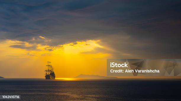 Pirate Ship At The Open Sea Stock Photo - Download Image Now - Old, Ship, Wood - Material
