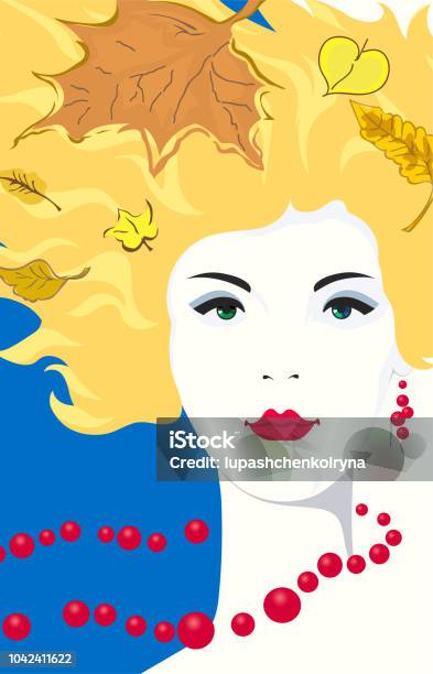 Autumn Hair Leaves Beadsbeautiful Girl With Developing In The Wind Blond Hair Stock Illustration - Download Image Now