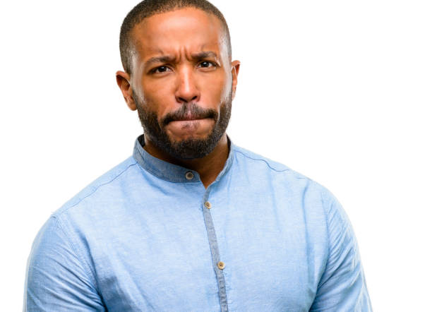 istock African american man with beard doubt expression, confuse and wonder concept, uncertain future 1042412002