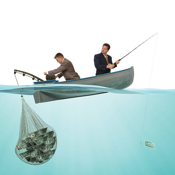 Businessmen Sitting In A Boat Fishing For Business And Money Stock