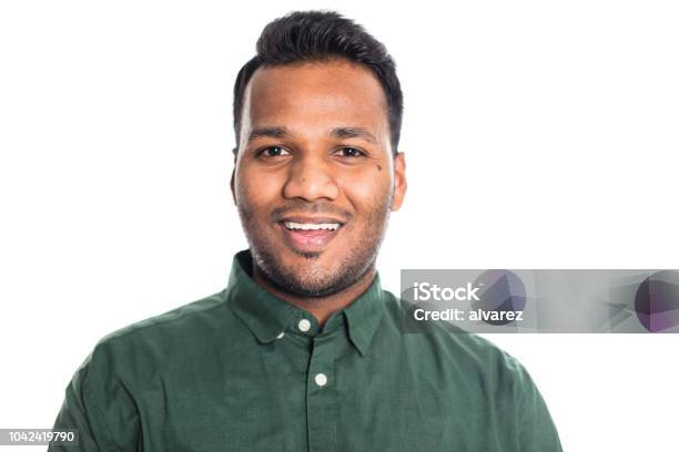 Smiling Indian Man On White Background Stock Photo - Download Image Now - White Background, Headshot, Portrait