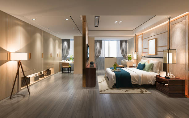 3d rendering lussuosa camera da letto moderna suite tv con armadio e camminare nell'armadio - closet clothing indoors domestic room foto e immagini stock