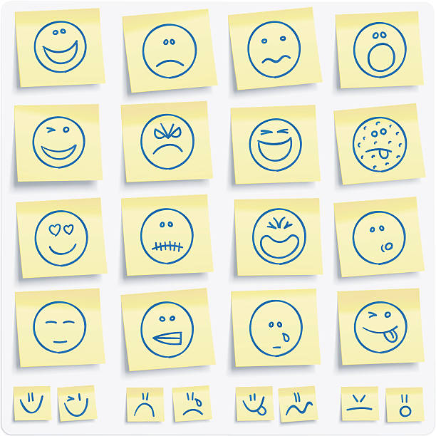 illustrazioni stock, clip art, cartoni animati e icone di tendenza di emoticon postit note - sadness depression smiley face happiness