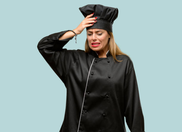 Young cook woman doubt expression, confuse and wonder concept, uncertain future