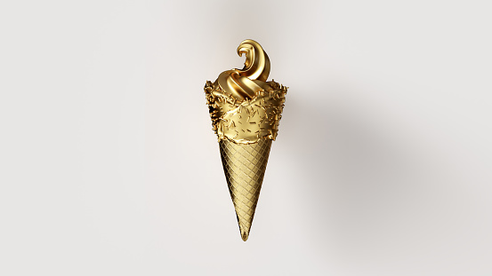 Gold Leaf Ice Cream with Gold Leaf Cone and Gold Icing with Gold Sprinkles 3d illustration 3d render