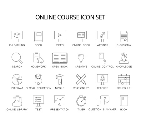 Line icons set. Online course pack. Vector illustration