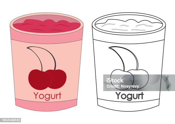 Cup Of Yogurt With Cherry Colorful And In Black With White Colors Vector Illustration Stock Illustration - Download Image Now
