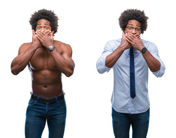 collage de afroamericanos sin camisa y hombre de negocios sobre fondo aislado sorprendido que cubre la boca con las manos para el error. concepto de secreto. - covered nudity fotografías e imágenes de stock