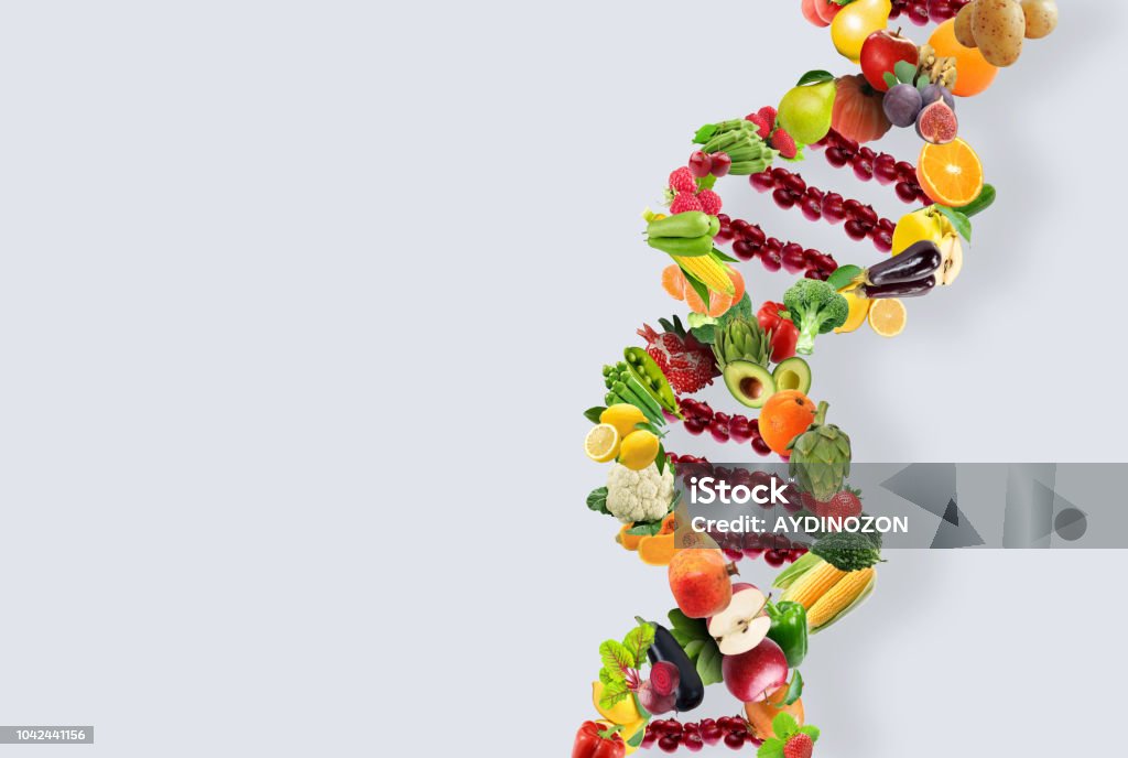 Filamento de la DNA del concepto de nutrigenética hecho con frutas y verduras saludables - Foto de stock de Comida sana libre de derechos