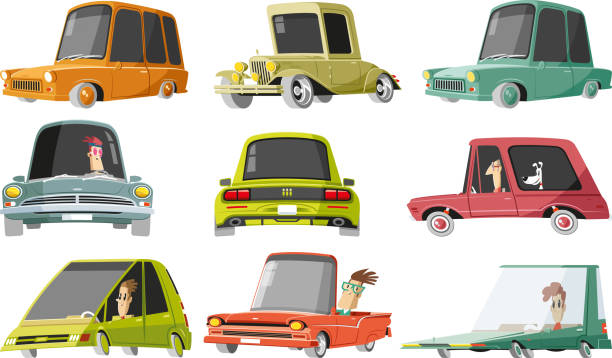 illustrazioni stock, clip art, cartoni animati e icone di tendenza di set auto - pick up truck old car traffic