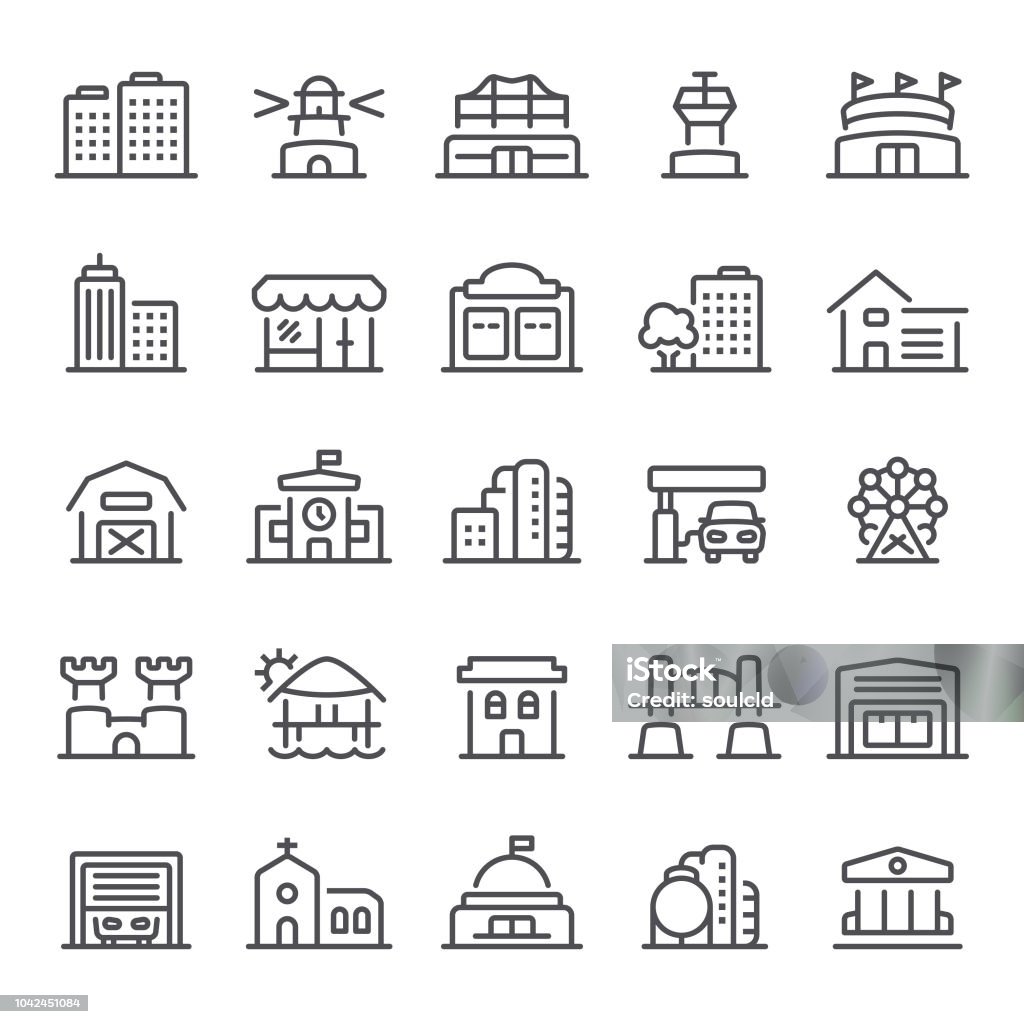 Building Icons Building, real estate, icon, icon set, architecture, house, stadium Icon Symbol stock vector