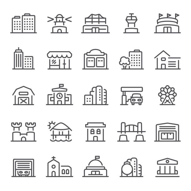 Building Icons Building, real estate, icon, icon set, architecture, house, stadium financial district stock illustrations