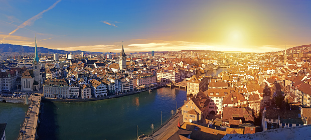 Panoramic view of Zurich city in sunset and river Limmat, Switzerland.