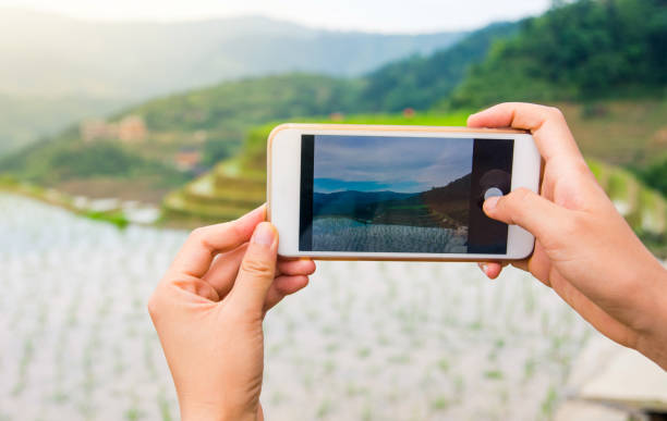 istock Girl capturing rice terrace scenery with a phone 1042457320
