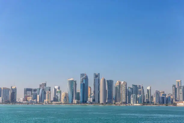 Photo of The skyline of Doha, Qatar, on a blue sky day, winter time, seen from the MIA Park