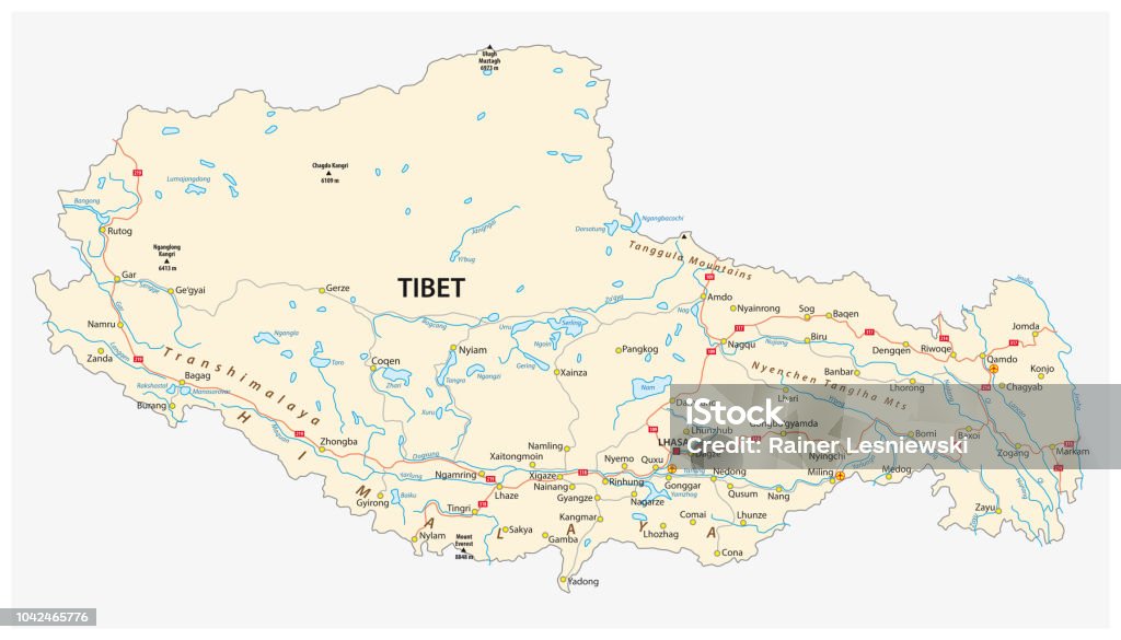 Tibet region with important cities and roads vector map Tibet region with important cities and roads vector map. Mt. Everest stock vector