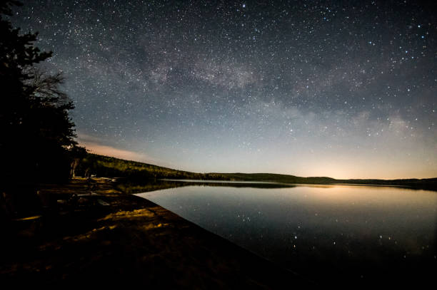 istock starry night reflecting on a lake with the milky way 1042469618
