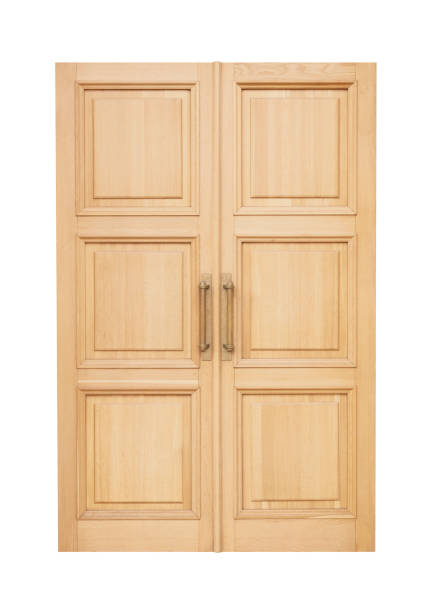 wooden door isolated on white background - door symmetry wood closed imagens e fotografias de stock