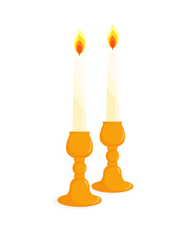 Two candlesticks with burning candles, isolated illustration on white background