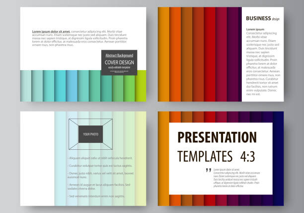 ilustrações de stock, clip art, desenhos animados e ícones de set of business templates for presentation slides. vector layouts in flat style. bright color rectangles, colorful design, geometric rectangular shapes forming abstract beautiful background. - 11911