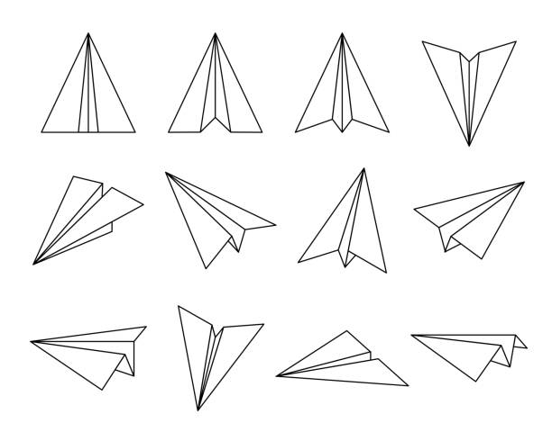 ilustraciones, imágenes clip art, dibujos animados e iconos de stock de plano del vuelo en la vista de muchos - avión de papel
