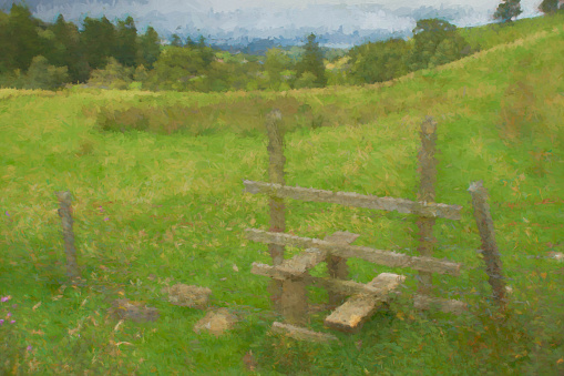 A weathered farm stile on a Cumbrian sheep farm. It has been heavily post processed to look like a impressionist painting.