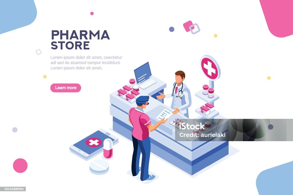 Healthy Infographic Isometric Vector Patient and pharmacist doctor infographic, healthy recipe element, medicament for aid, professional medication. Computer and pills banner. Images of client at shop. Flat isometric Vector illustration. Pharmacy stock vector