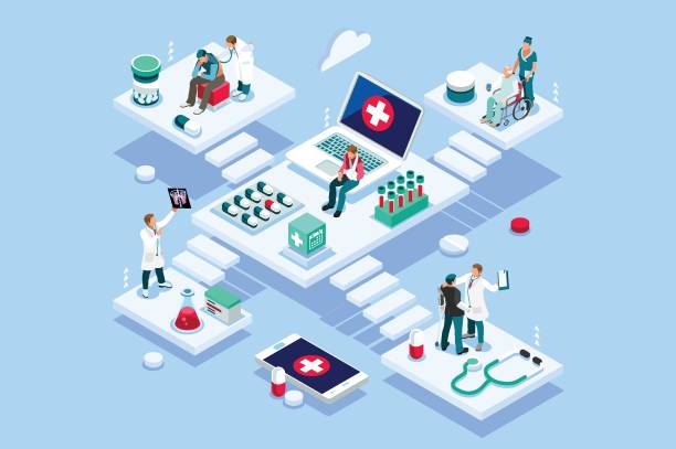 lekarze klinika insure concept vector - isometric patient people healthcare and medicine stock illustrations