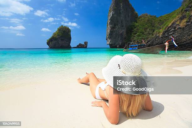 Woman On The Beach Stock Photo - Download Image Now - Beach, One Woman Only, Pink Color