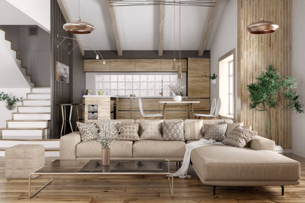istock Interior of modern living room and kitchen 3d rendering 1042504752